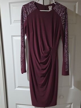 Cache Burgundy Long-Sleeve Ruched Sheath Dress with Beaded Accents
